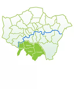Map of London showing the location of the four SLWP boroughs
