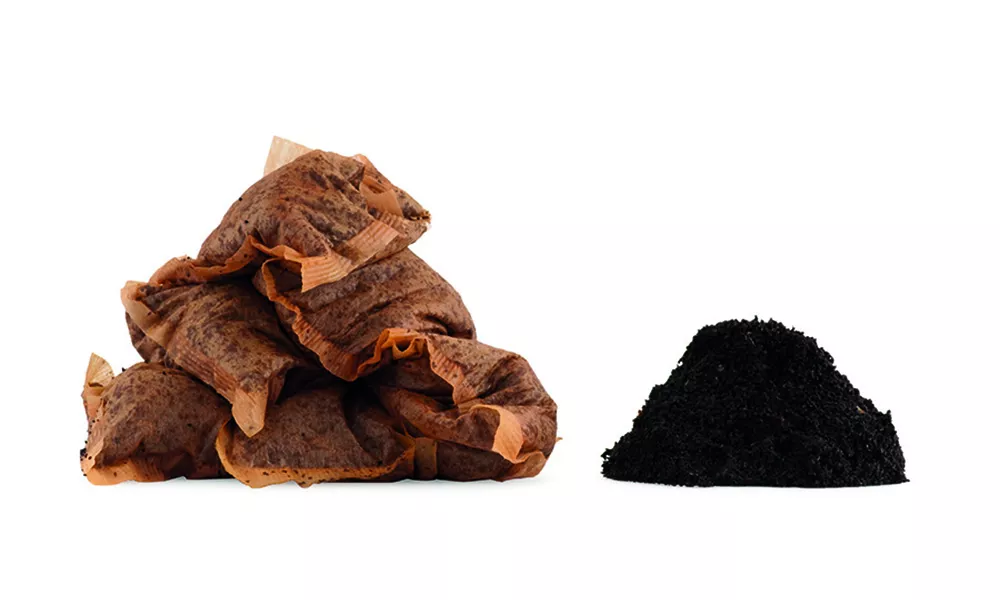 Photo of used tea bags and coffee grounds.