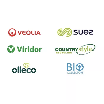 Montage image showing the logos of the SLWP's six key commercial partners: Veolia, Viridor, Suez, Olleco, CountryStyle and Bio Collectors.