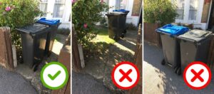 Photograph showing how bins should be presented on collection day (at the front of the property, close to the pavement but not on it).