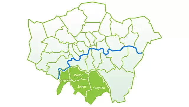 A map of London showing the location of the four SLWP boroughs.