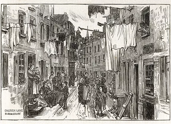 A pencil sketch of the Church Lane slum, London, in Victorian times.