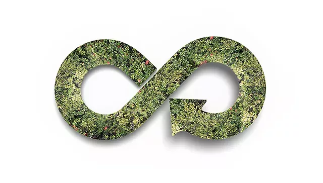 Green circular economy concept - arrow infinity symbol with grass, isolated on white background.